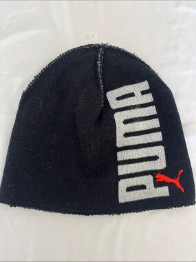 Puma Kids Black Beanie with White Branding and Red Puma Logo